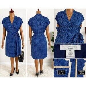 Liz Claiborne Woman 2X Blue Wrap Dress Plus Size Stretch  Geometric  Print Tie W